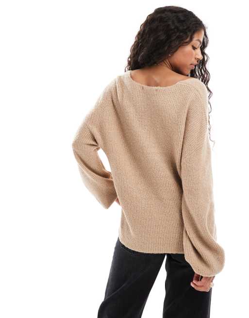 Threadbare - Gråbrun løstsiddende trøje med V-hals i vamset strik, 4 af 4