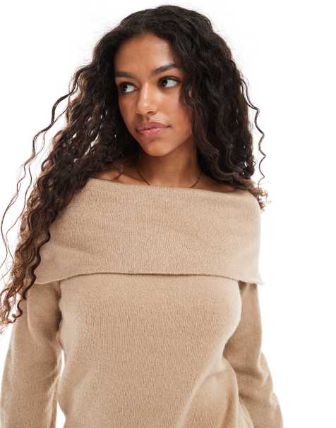 Threadbare - Gråbrun strikket offshoulder-trøje - view 1