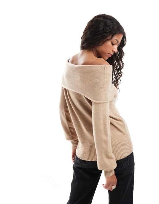 Threadbare - Gråbrun strikket offshoulder-trøje, 4 af 4