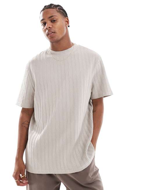 Threadbare - Gråbrun T-shirt med teksturerede striber i afslappet pasform