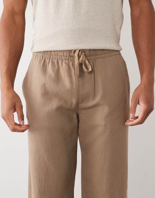 Threadbare - Gråbrune pull-on-bukser i hørlook i lige pasform, 4 af 5