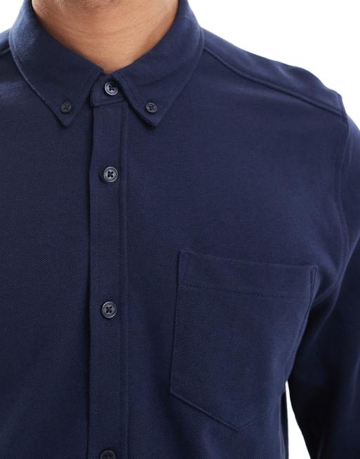 Threadbare – Granatowa koszula z piki z długimi rękawami z mieszanki bawełnianej, 5 z 5