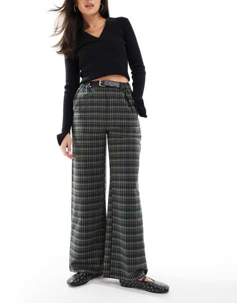 Threadbare wide leg check trousers in navy