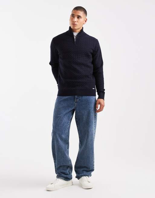 Threadbare – Granatowy fakturowany sweter dzianinowy z suwakiem pod szyją, 2 z 5