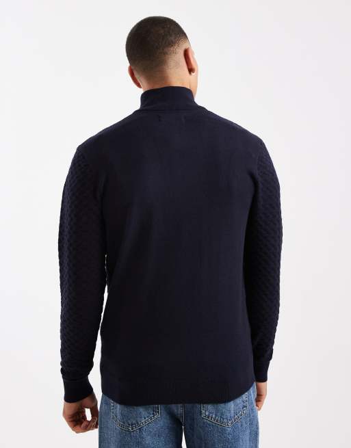 Threadbare – Granatowy fakturowany sweter dzianinowy z suwakiem pod szyją, 3 z 5