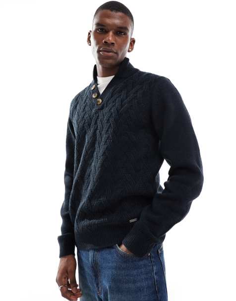 Threadbare – Granatowy sweter z dzianiny o warkoczowym splocie - view 1