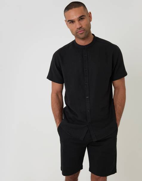 Threadbare Grandad collar linen blend short sleeve shirt in black