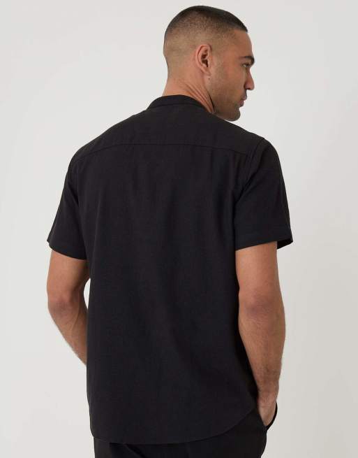 Threadbare Grandad collar linen blend short sleeve shirt in black, 2 of 4
