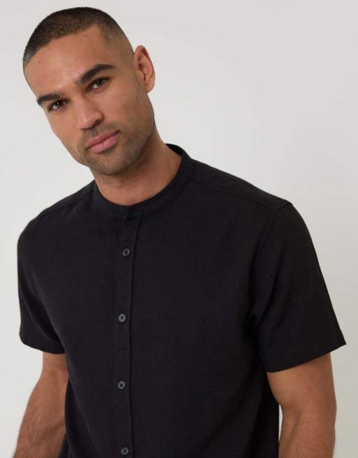 Threadbare Grandad collar linen blend short sleeve shirt in black, 3 of 4