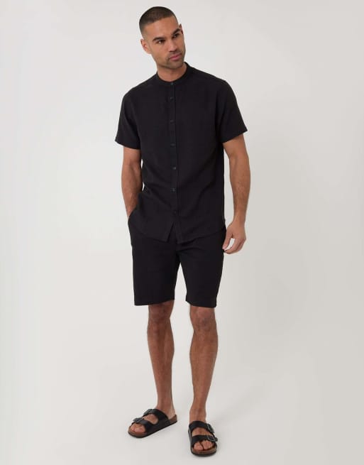 Threadbare Grandad collar linen blend short sleeve shirt in black, 4 of 4