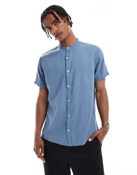Threadbare Grandad collar linen blend short sleeve shirt in blue - view 1