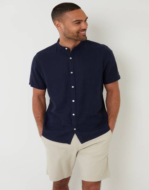 Threadbare Grandad collar linen blend short sleeve shirt in navy