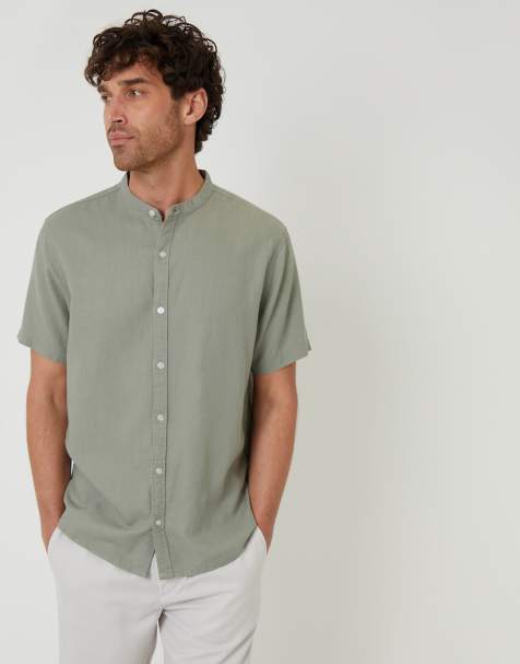 Threadbare Grandad collar linen blend short sleeve shirt in pale green - view 1
