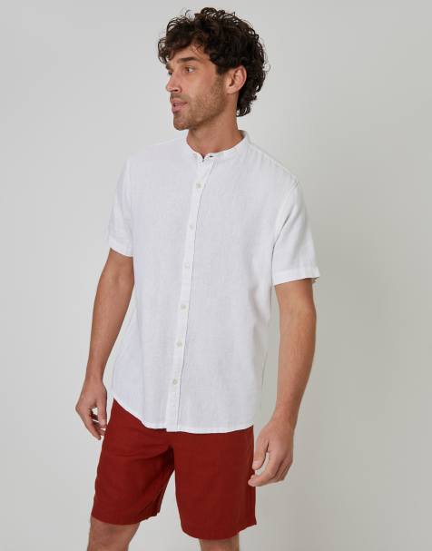 Threadbare Grandad collar linen blend short sleeve shirt in white