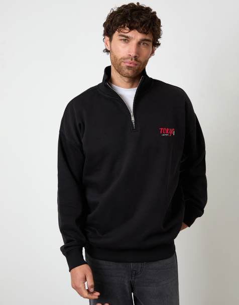 Threadbare Graphic print quarter zip sweatshirt in black - view 1