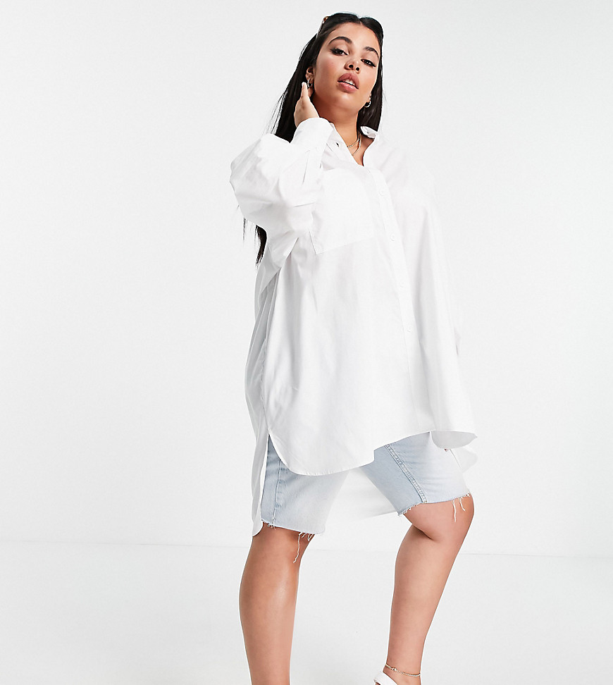 Threadbare – Große Größen – Oversized Hemdkleid mit Ballonärmeln in Weiß