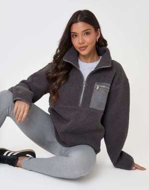 Threadbare Half zip borg fleece in charcoal grey