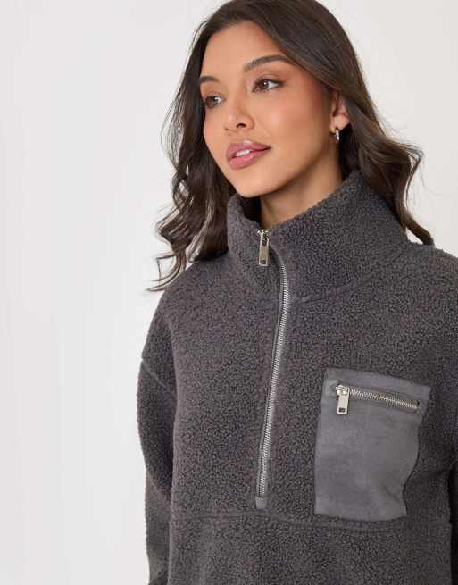 Threadbare Half zip borg fleece in charcoal grey, 3 of 5