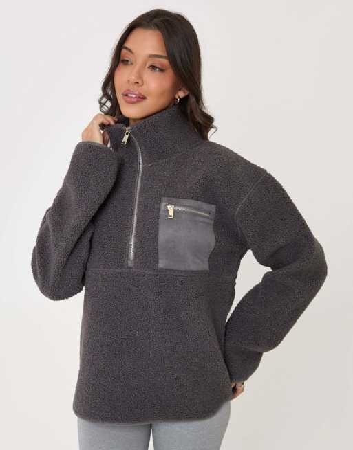 Threadbare Half zip borg fleece in charcoal grey, 5 of 5