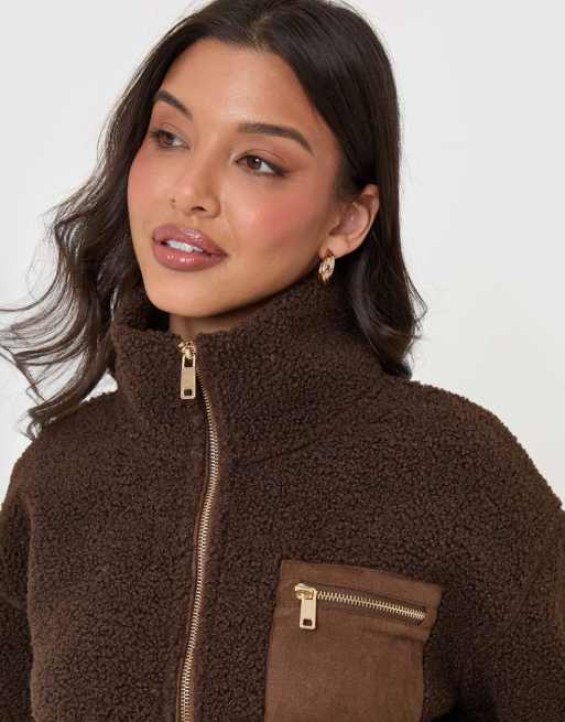 Threadbare Half zip borg fleece in chocolate brown, 3 of 5