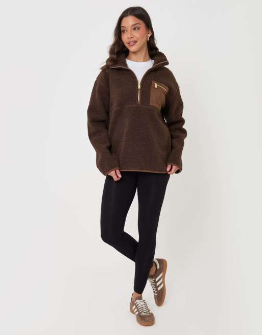 Threadbare Half zip borg fleece in chocolate brown, 4 of 5