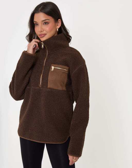 Threadbare Half zip borg fleece in chocolate brown, 5 of 5