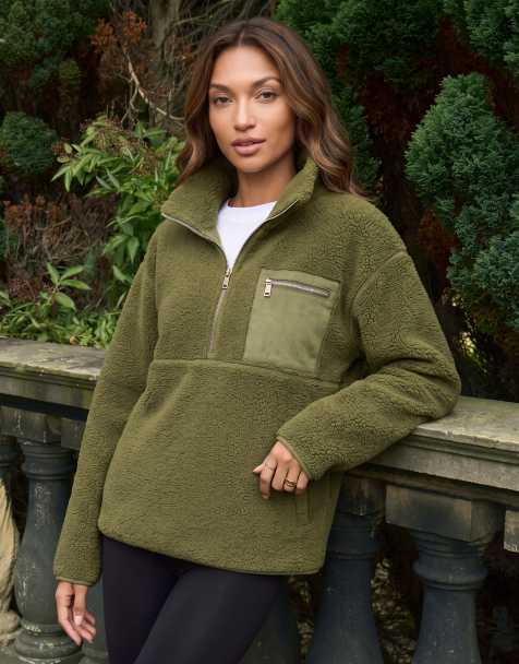 Threadbare Half zip borg fleece in khaki - view 1