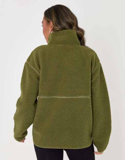 Threadbare Half zip borg fleece in khaki, 2 of 5