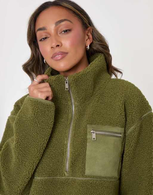Threadbare Half zip borg fleece in khaki, 3 of 5