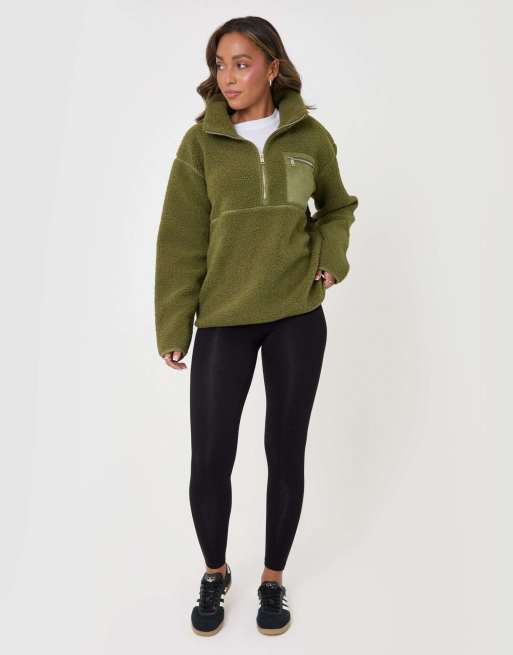 Threadbare Half zip borg fleece in khaki, 4 of 5