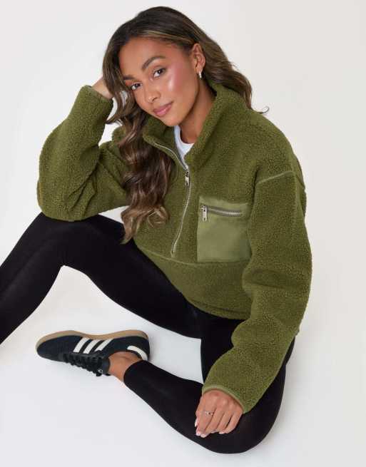 Threadbare Half zip borg fleece in khaki, 5 of 5