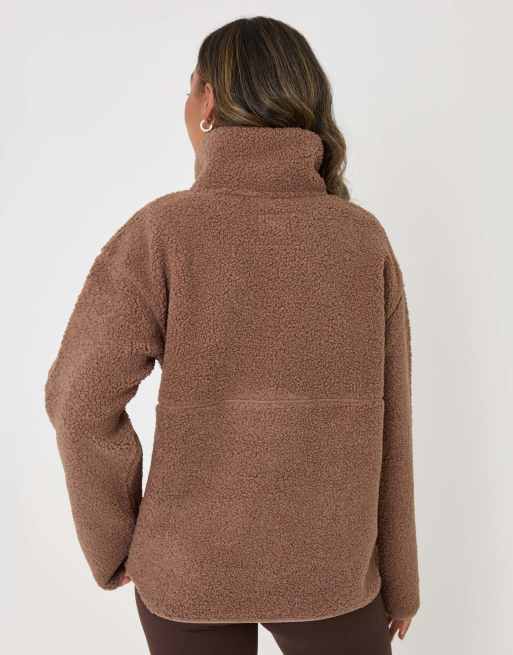 Threadbare Half zip borg fleece in mink brown, 2 of 5