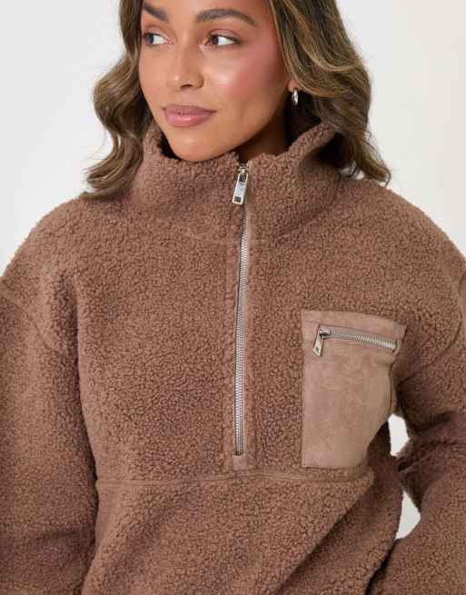 Threadbare Half zip borg fleece in mink brown, 3 of 5