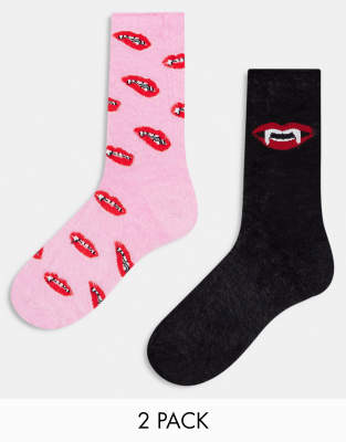 Threadbare Halloween 2 Pack Fluffy Fang Socks In Pink And Red Asos