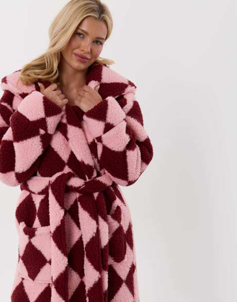 Threadbare Harlequin hooded dressing gown in pink & red in pink - view 1
