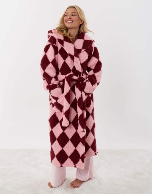 Threadbare Harlequin hooded dressing gown in pink & red in pink, 2 of 5