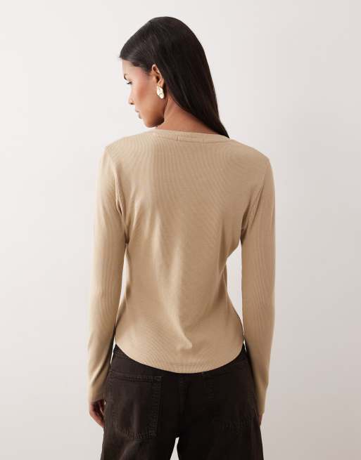 Threadbare - Havrefarvet ribstrikket top med lange ærmer og knapper, 4 af 4