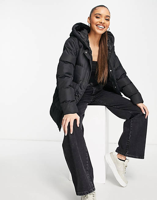 Threadbare Hayley mid length puffer jacket in black | ASOS