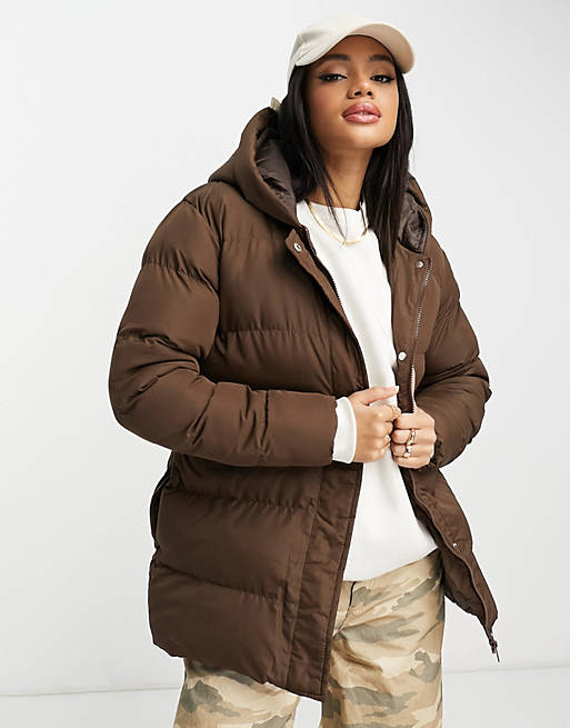 Threadbare Hayley mid length puffer jacket in chocolate brown | ASOS