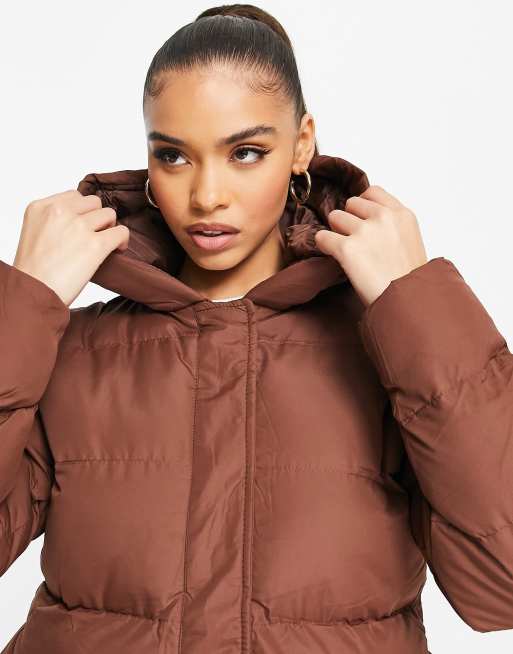 Threadbare Hayley mid length puffer jacket in chocolate