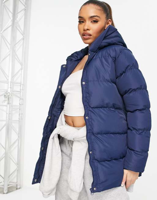Threadbare Hayley mid length puffer jacket in indigo ASOS