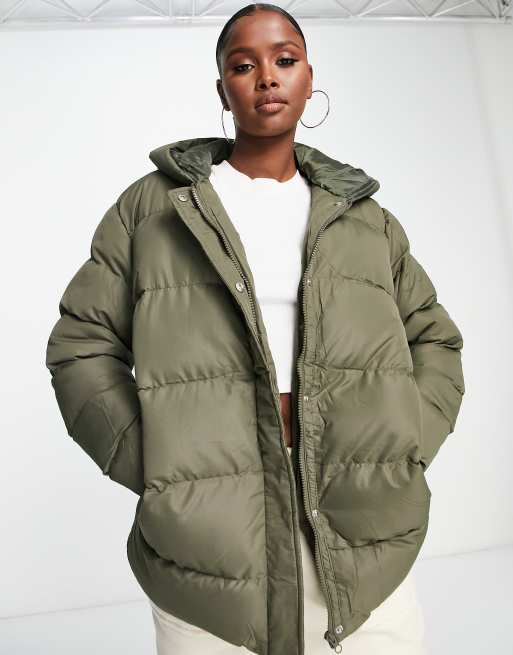 Threadbare Hayley mid length puffer jacket in khaki | ASOS