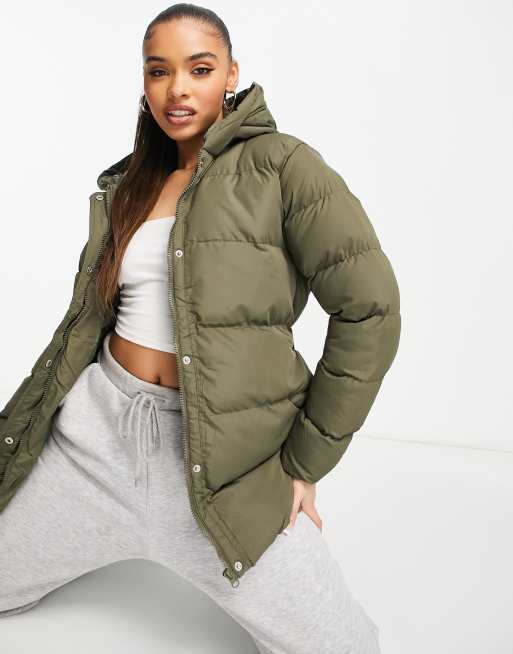 Threadbare Hayley mid length puffer jacket in khaki | ASOS