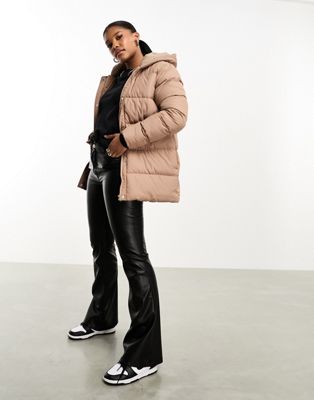 Threadbare Hayley mid length puffer jacket in taupe - ASOS Price Checker
