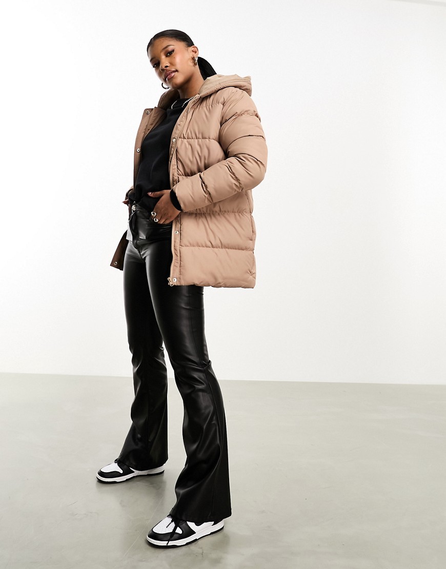 Threadbare Hayley mid length puffer jacket in taupe-Neutral
