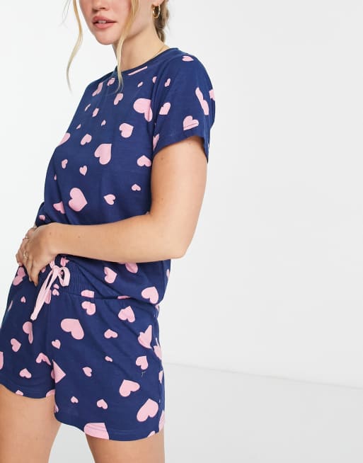 Threadbare heart short pajama set in navy and pink ASOS