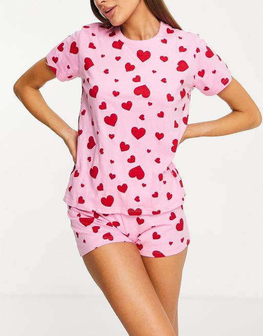 Red Heart Embroidered Panel Mesh Short Pj Set