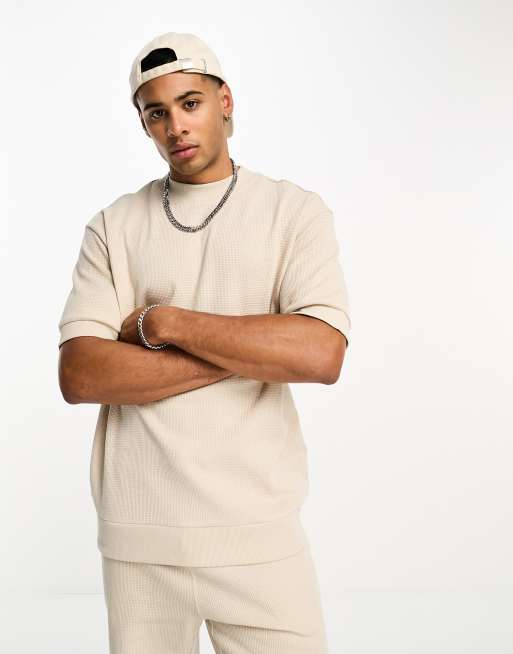 Threadbare heavyweight waffle T-shirt in stone - part of a set