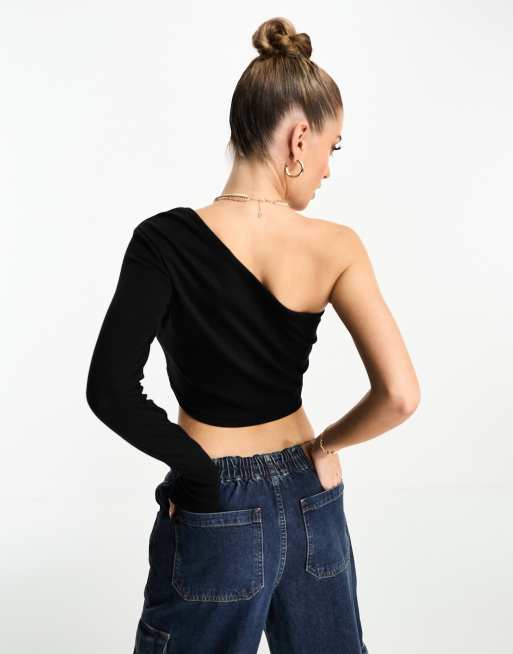 one shoulder crop top long sleeve