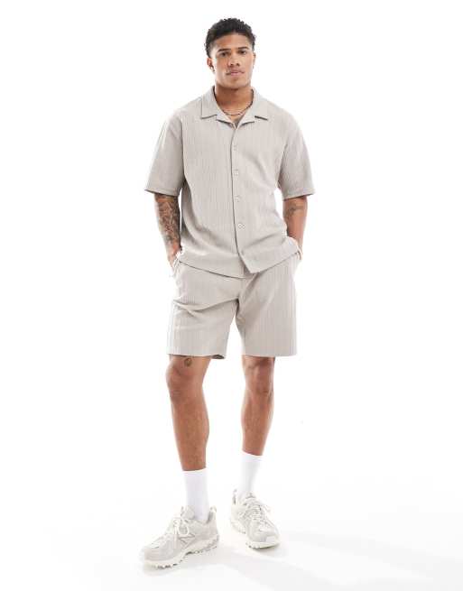 Threadbare – Hemd in Taupe mit Reverskragen und strukturierten Streifen, 3 von 4
